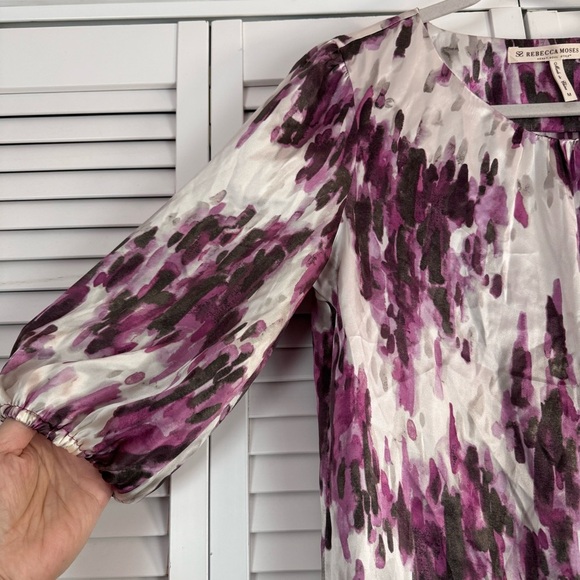Rebecca Moses Silk Dress Lightweight 3/4 Sleeves Purple Splash Size Medium - Picture 4 of 6